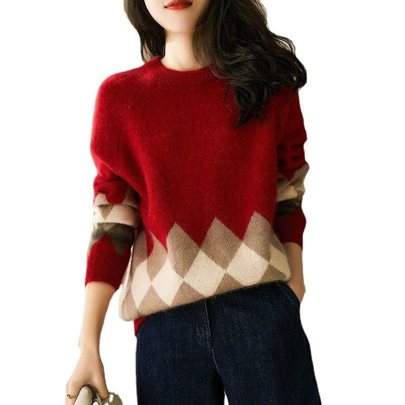 Christmas Red Round-Neck Knitwear – Loose Sweater for Women - ZA-ZOLA