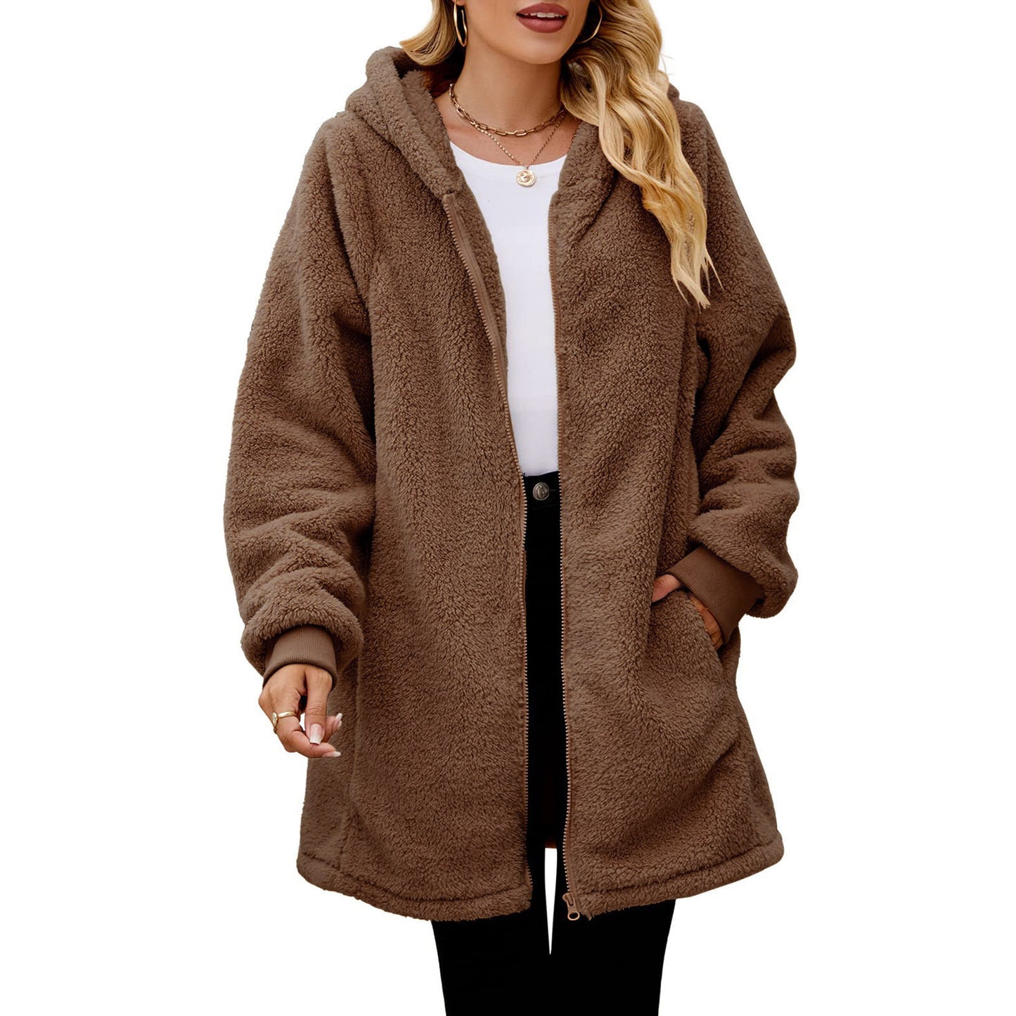 Loose Plush Women's Long Sleeve Hooded Zip Cardigan Coat – Cozy Winter Outerwear