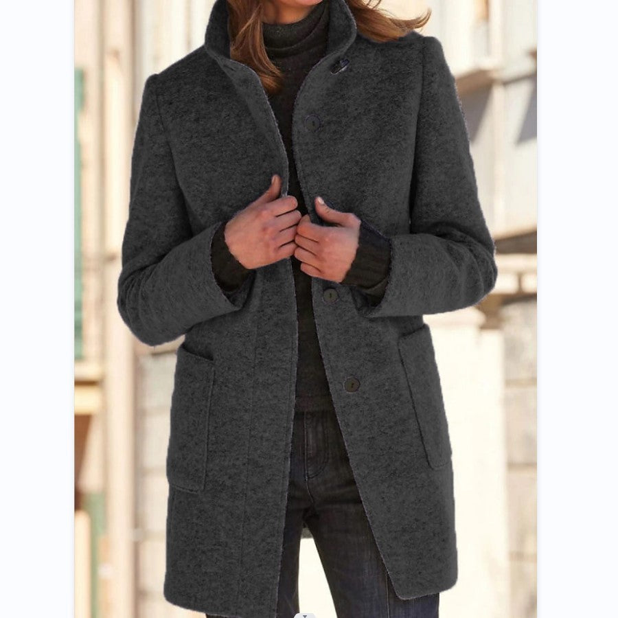 Fashion Stand Collar Woolen Coat with Pockets – Women’s Casual Fall & Winter Outwear