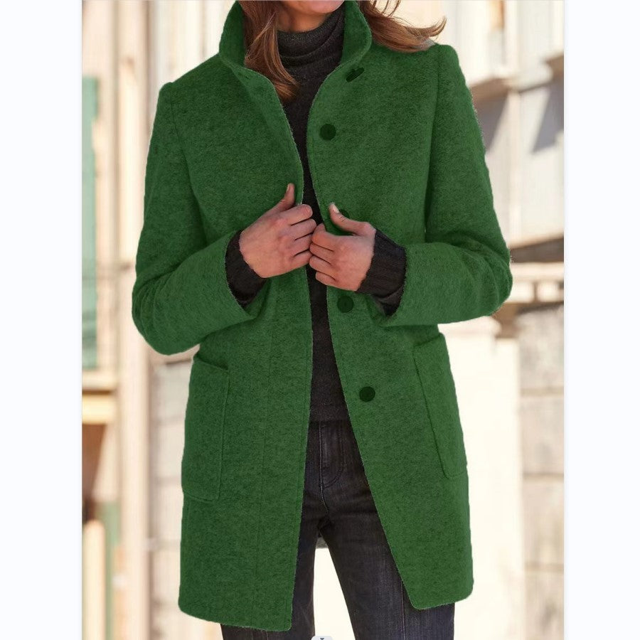 Fashion Stand Collar Woolen Coat with Pockets – Women’s Casual Fall & Winter Outwear