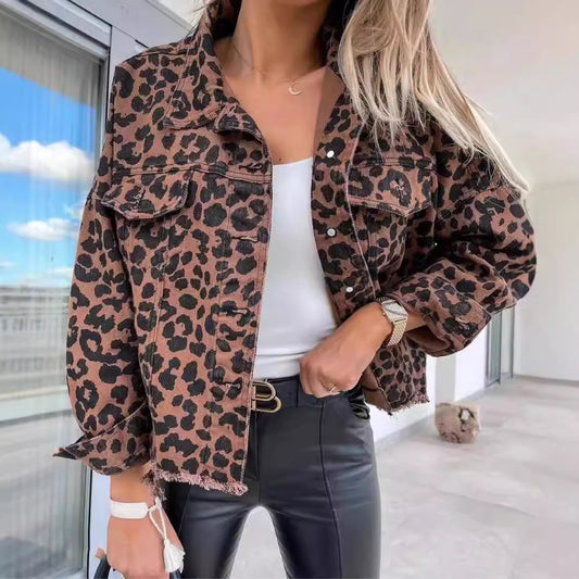 Women’s Leopard Print Jacket with Pocket – Y2K Fashion Lapel Single-Breasted Denim Overcoat