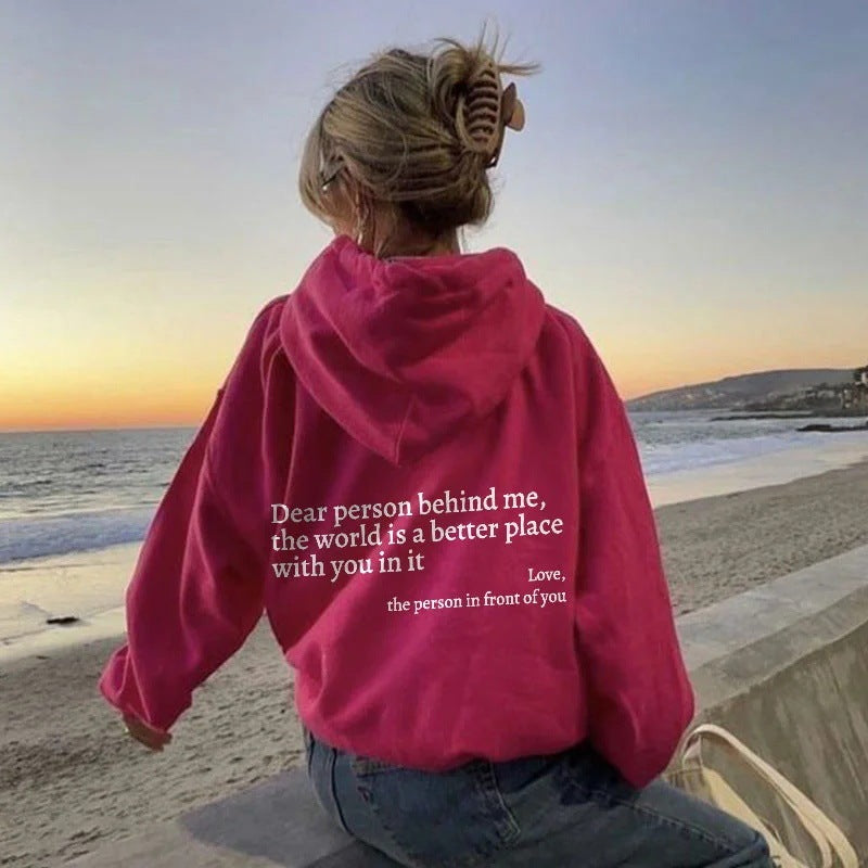 Kapuzenpullover mit „Dear Person Behind Me“-Buchstabenaufdruck – Plüsch-Sweatshirt mit Kordelzug und Kängurutasche für Damen und Herren