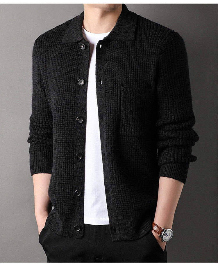 Twist Jacquard Lapel Sweater Cardigan Men's Outer Wear Autumn And Winter Trends Fashion Slim Knit Top Coat - ZA-ZOLA