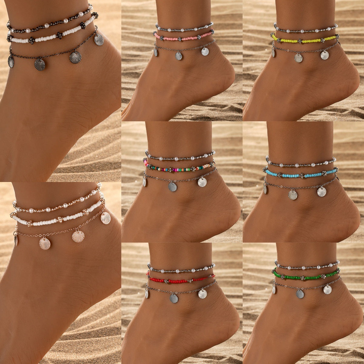 Fashion Vacation Style Alloy Double Heart Bead Turquoise Double Elastic Anklet - ZA-ZOLA