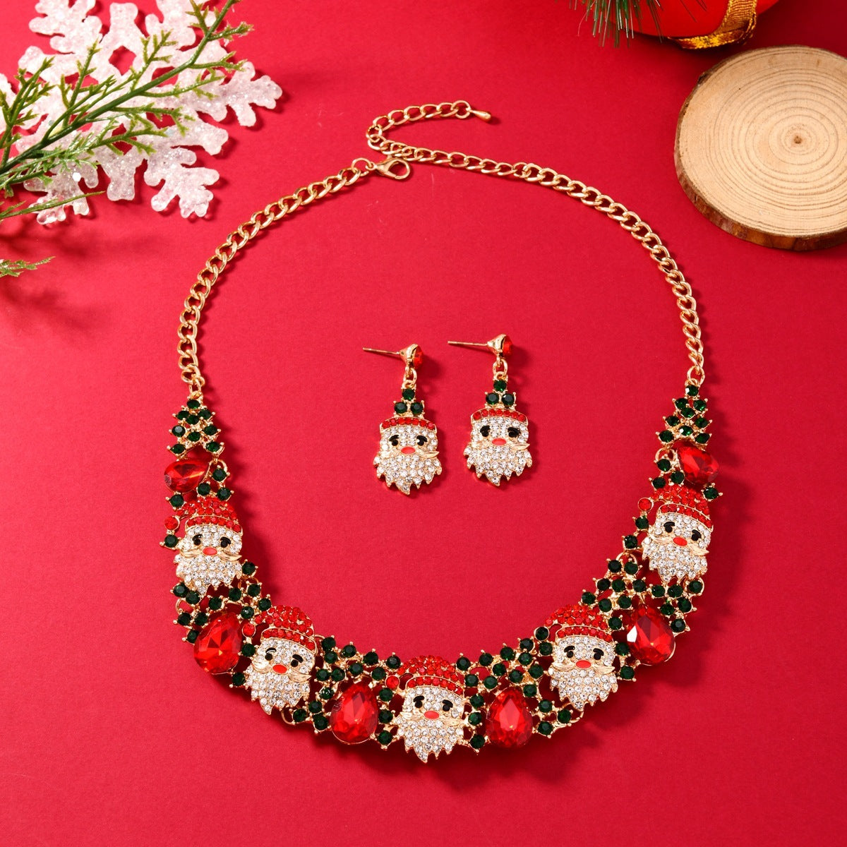 Festive 3pcs Christmas Necklace & Earrings Set – Sparkling Santa Claus Jewelry with Colored Rhinestones - ZA-ZOLA