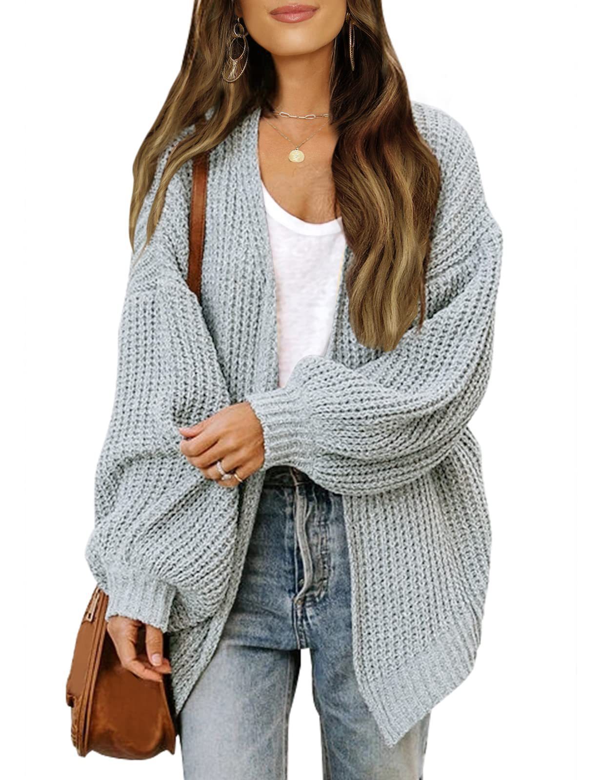 Fashion Lantern-Sleeved Sweater with Pockets – Casual Loose Knit Cardigan for Women