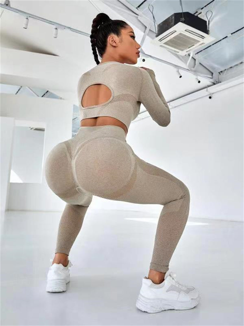 2pcs Sports Suit – Long Sleeve Hollow Design Top & Butt Lifting High Waist Seamless Leggings