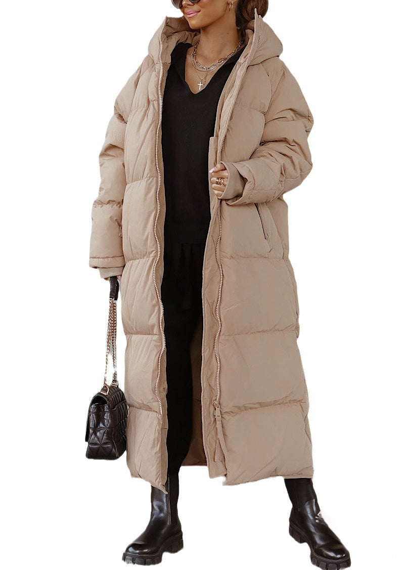 Hooded Solid Color Long Zip Coat – Casual Winter Outerwear for Women