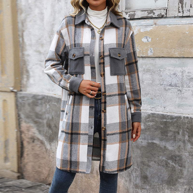 New Brushed Plaid Long Coat with Pockets – Fashion Winter Jacket for Women