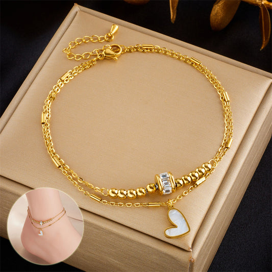 Fashion Jewelry Boho Classic Love Heart Ankle Chain Double Layer Chain Bracelet Anklet Charm Tassel Leg Chain On Foot Chain Women Party Jewelry Accessories - ZA-ZOLA