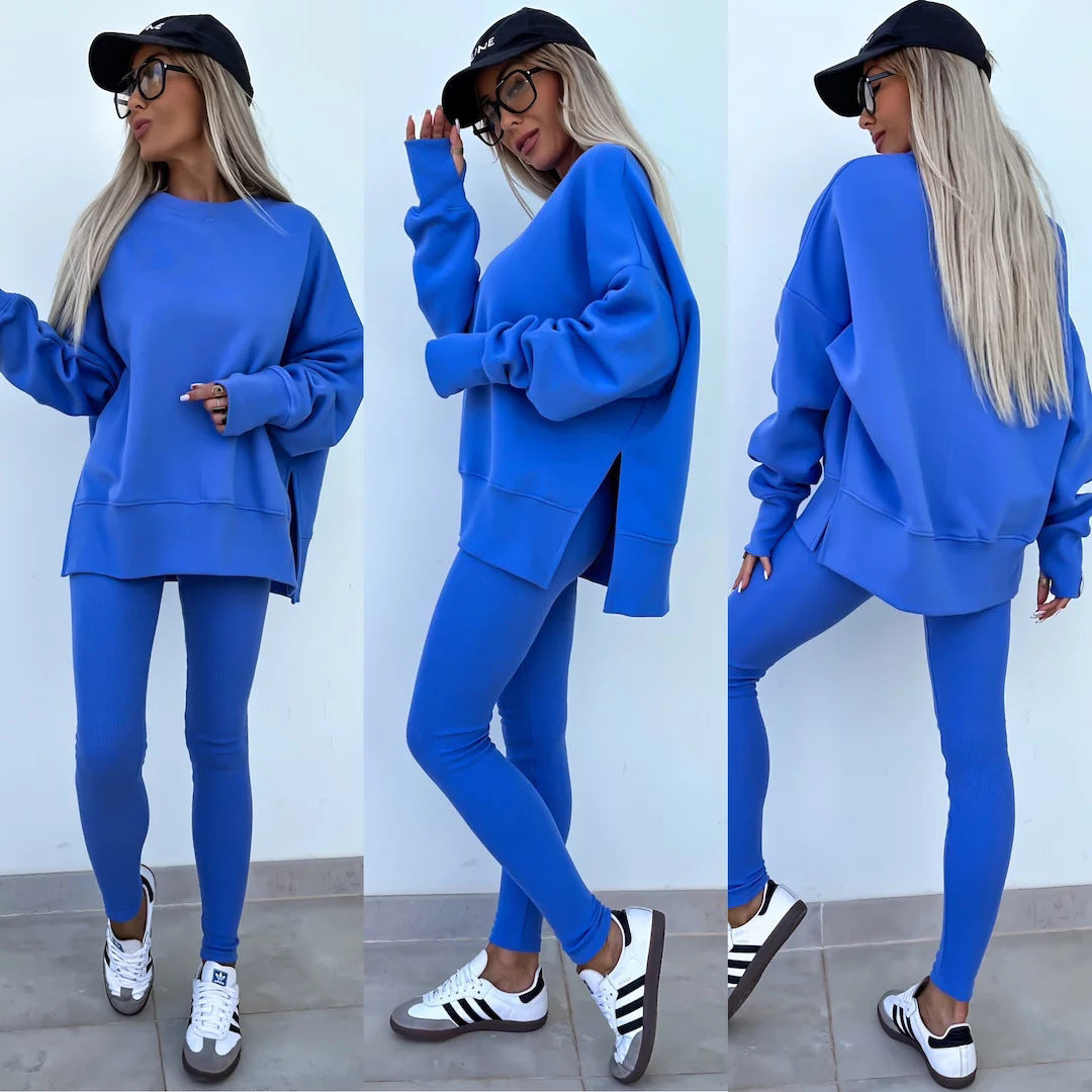 Women's Sweater Suit – Casual Loose Long Sleeve Crew Neck Top & Tight Trousers Set