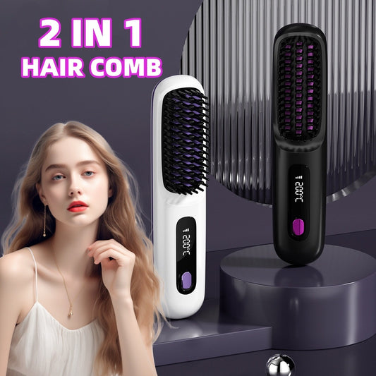 Portable Wireless Hair Straightener Comb - USB Rechargeable, Negative Ion Technology, Lightweight Travel Hair Tool, 3 Temperature Settings - ZA-ZOLA