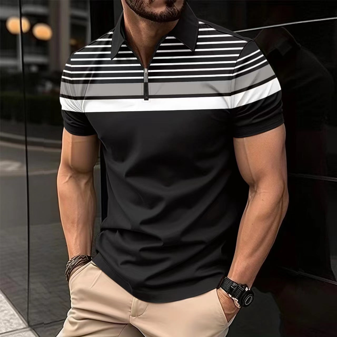 Business Striped Versatile T-shirt MenProduct information:
 
 Pattern: stripes
 
 Color: Black
 
 Size: S,M,L,XL,XXL,XXXL
 
 Version: Loose
 
 Main fabric composition: Polyester Fiber
 
 Sleeve length: sPoloZA-ZOLAZA-ZOLABusiness Striped Versatile