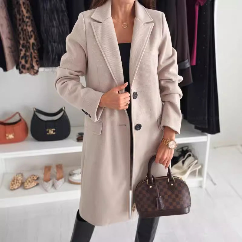 Lapel Single-Breasted Wool Coat – Women’s Solid Color Long Winter Jacket