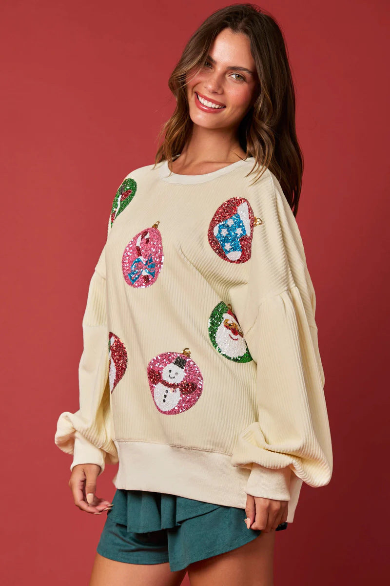 Women's Christmas Egg Sequined Long Sleeve Sweatshirt – Loose Festive Top - ZA-ZOLA