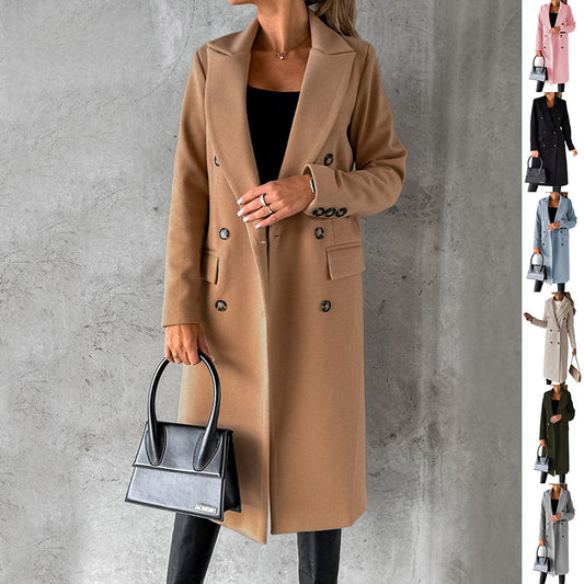 Long Sleeve Lapel Coat – Women’s Winter Double-Breasted Slim Long Jacket