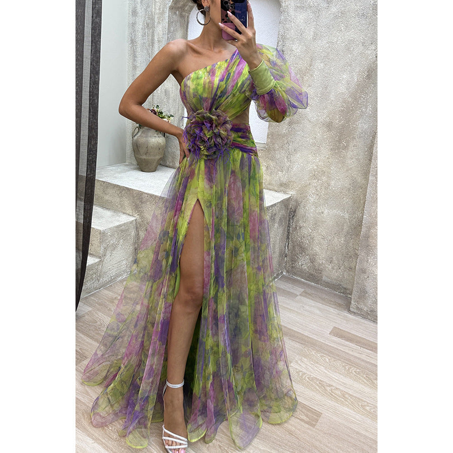 Mesh Tie-Dye Off-Shoulder Slit Dress – Summer INS Fashion Long Party Dress for Women | UK & USA