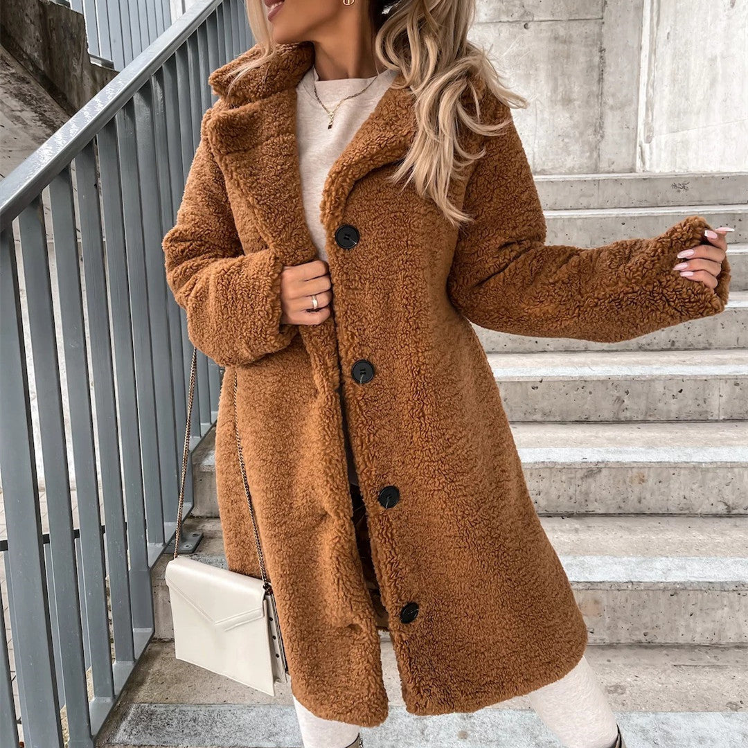 Women's Long-Sleeved Lapel Plush Jacket – Stylish & Warm Winter Top