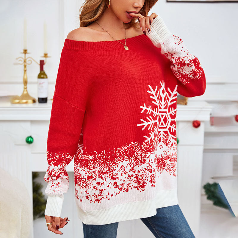 Little Snowflake Off-the-Shoulder Christmas Sweater – Casual Festive Knitwear for Women - ZA-ZOLA