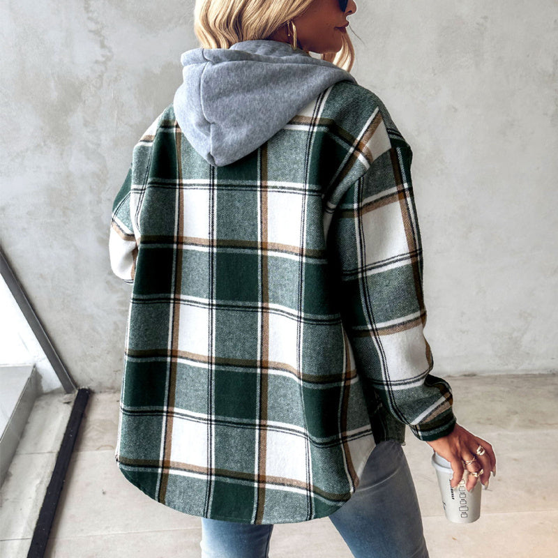 European & American Fashion Women’s Solid Color Plaid Hooded Jacket