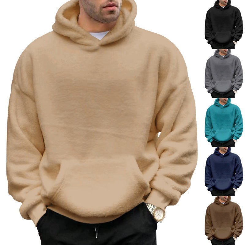 Double-Sided Velvet Hooded Sweater – Men's Plush Sweatshirt with Pockets for Winter Comfort