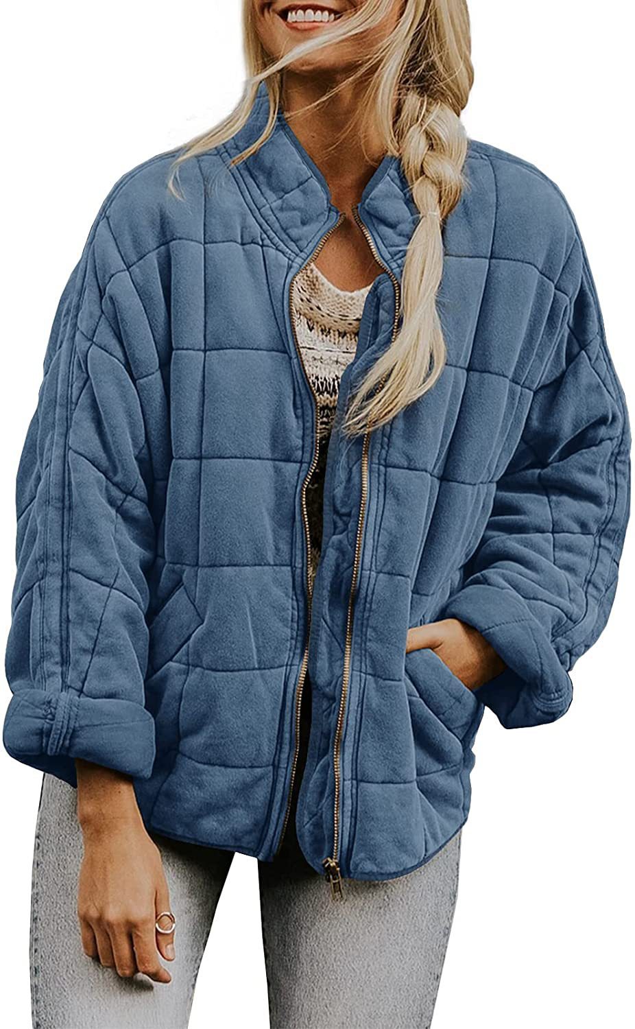 Einfarbige Baumwolljacke mit Stehkragen und weiten Taschen – Langärmlige Winteroberbekleidung für Damen