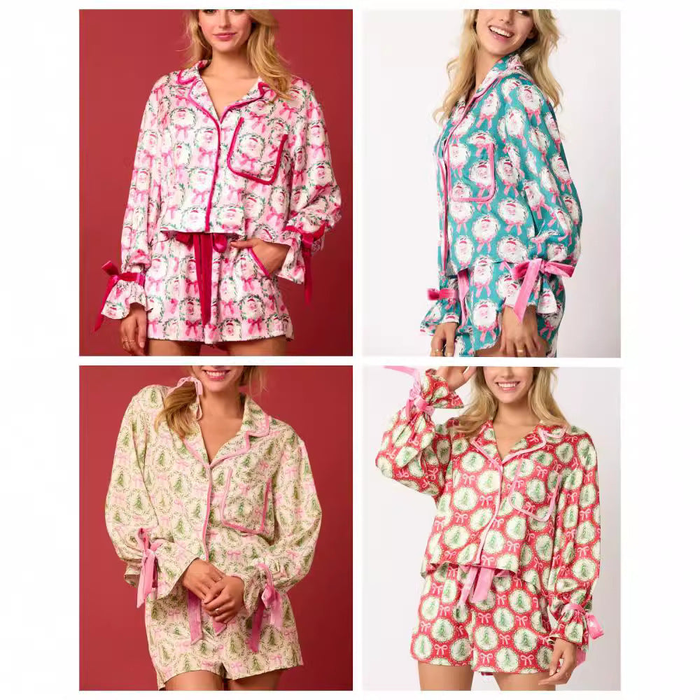 Women's Christmas Pajama Set – Santa Tree Print Lapel Neck Button-Up Long Sleeve Top & Shorts - ZA-ZOLA