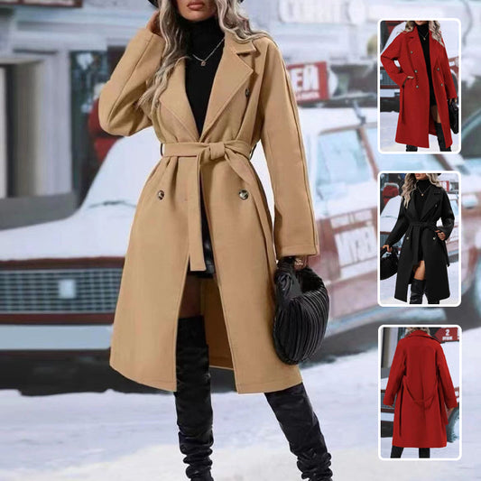 Lapel Double-Breasted Trench Coat with Belt – Women’s Solid Color Winter Jacket