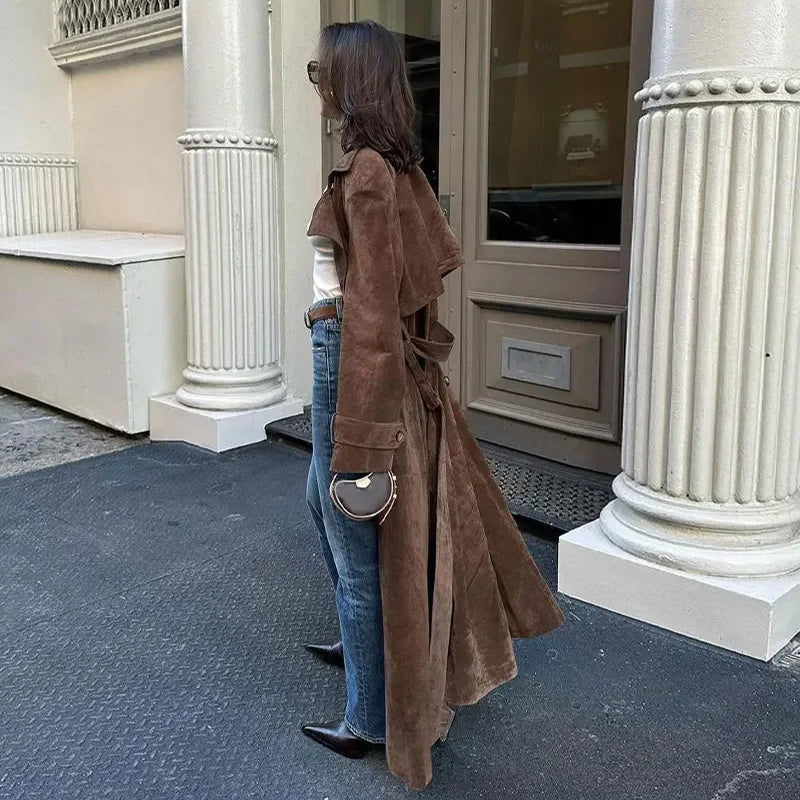 Double-Breasted Lapel Shift Coat with Belt – Vintage Suede Long Winter Coat for Women