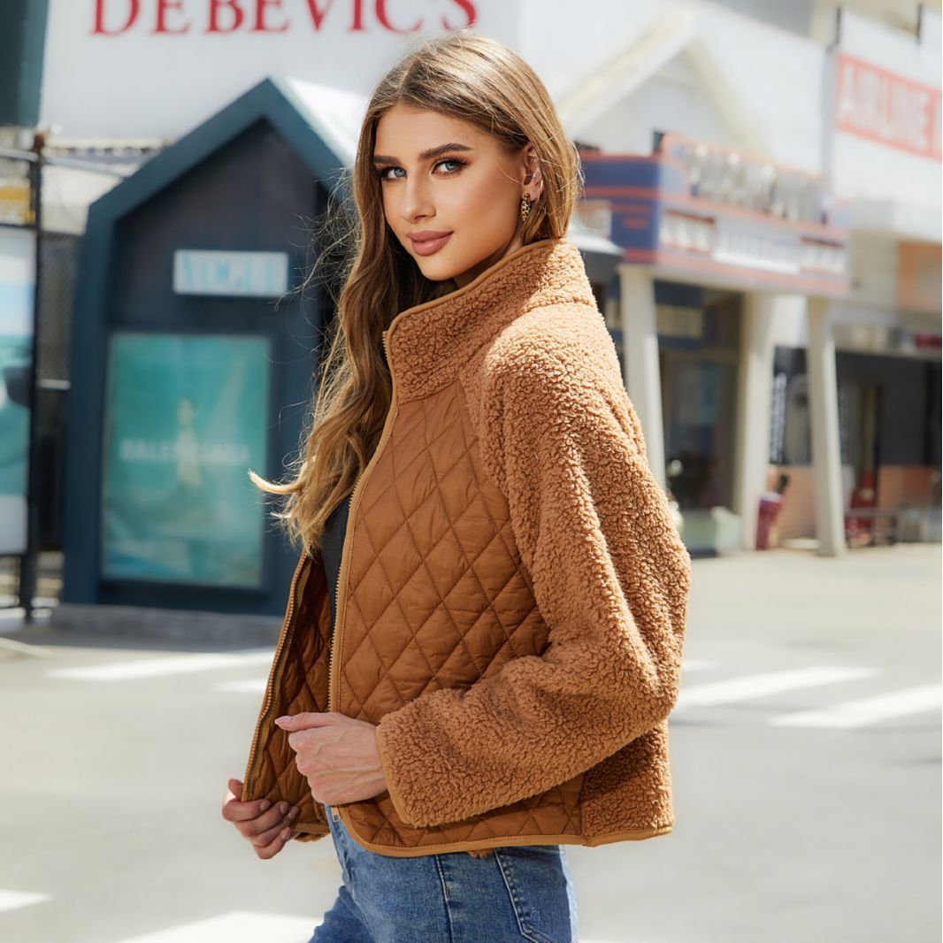 Women's Plush Jacket with Rhombus Stitching Design – Warm Lamb Wool Lapel Zipper Short Coat