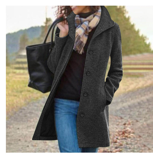 New European & American Women’s Medium-Length Pure Color Woolen Coat