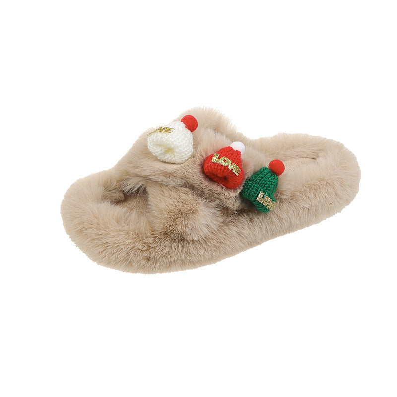 Christmas Hat Fluffy Slippers – Women's Warm Toe-Covering Cotton Slippers - ZA-ZOLA