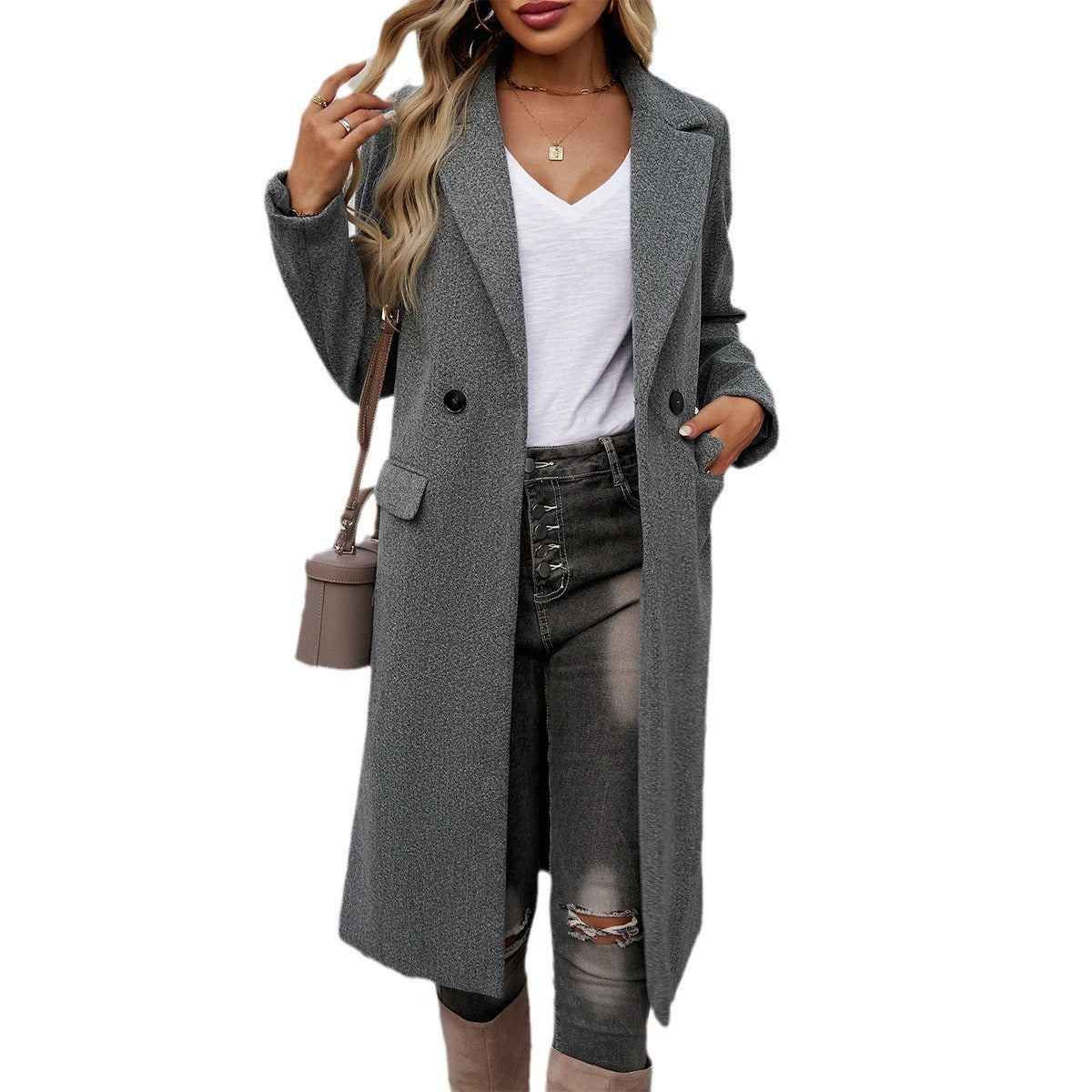 Lady’s Turn-Down Collar Coat – Elegant Commuting Outerwear for Women