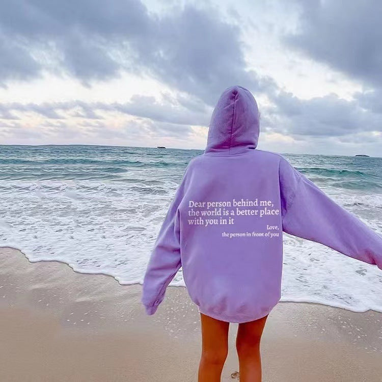 Kapuzenpullover mit „Dear Person Behind Me“-Buchstabenaufdruck – Plüsch-Sweatshirt mit Kordelzug und Kängurutasche für Damen und Herren