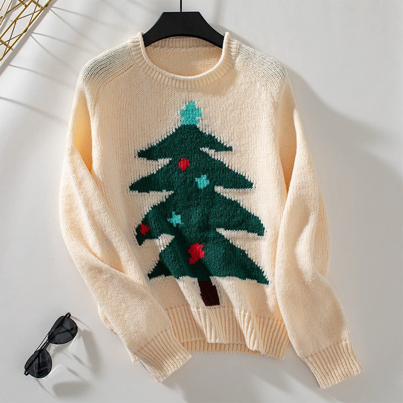 Christmas Tree Pullover Sweater – Women's Loose Round Neck Winter Knitwear - ZA-ZOLA