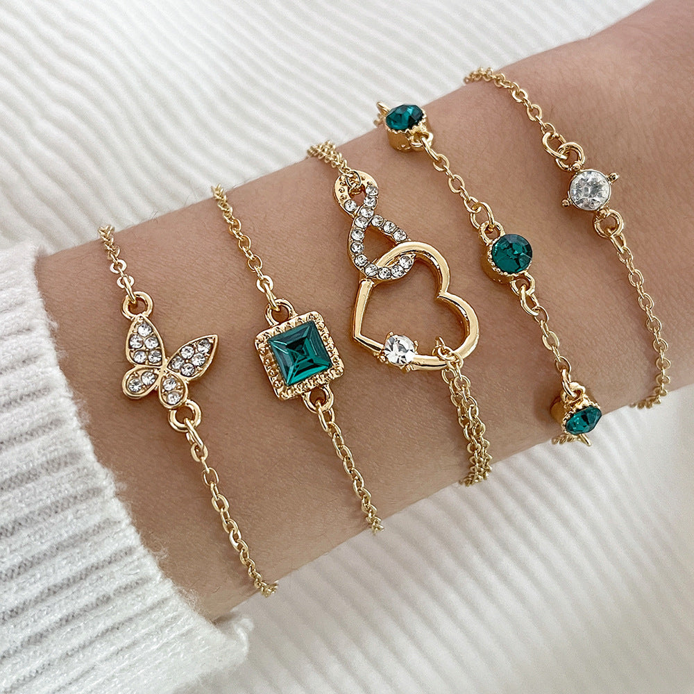 Bohemian 5pc Green Crystal Bracelets Jewelry Set For Women Heart Bracelet Wedding Engagement Bracelet Fashion Jewelry - ZA-ZOLA