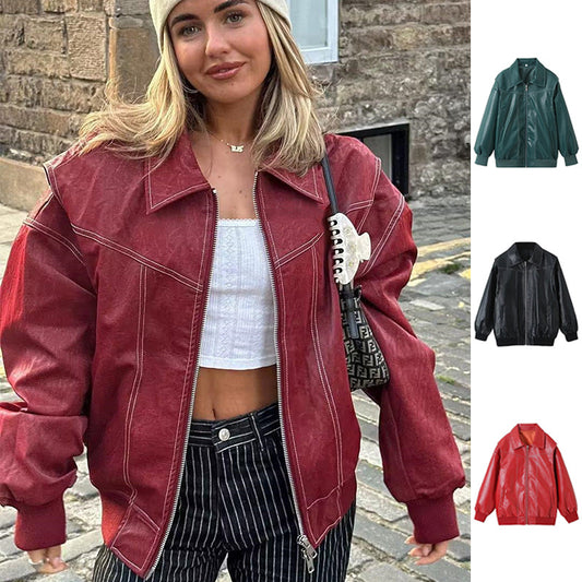 Loose Fashion Lapel Zip-Up Moto Biker Leather Jacket for Women – Long Sleeve Outerwear