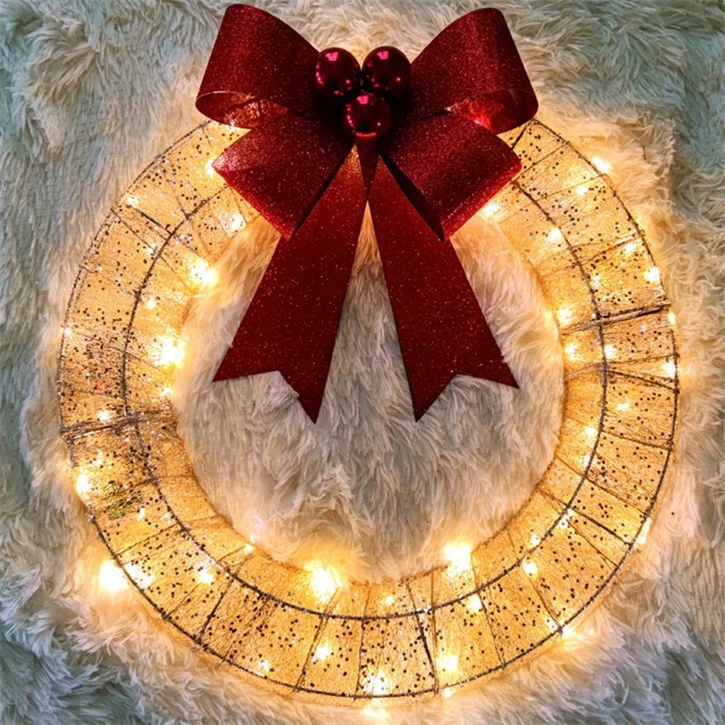 50CM LED Christmas Garland Wreath – Warm Light, Metal Design with Bowknot for Front Door Decor - ZA-ZOLA