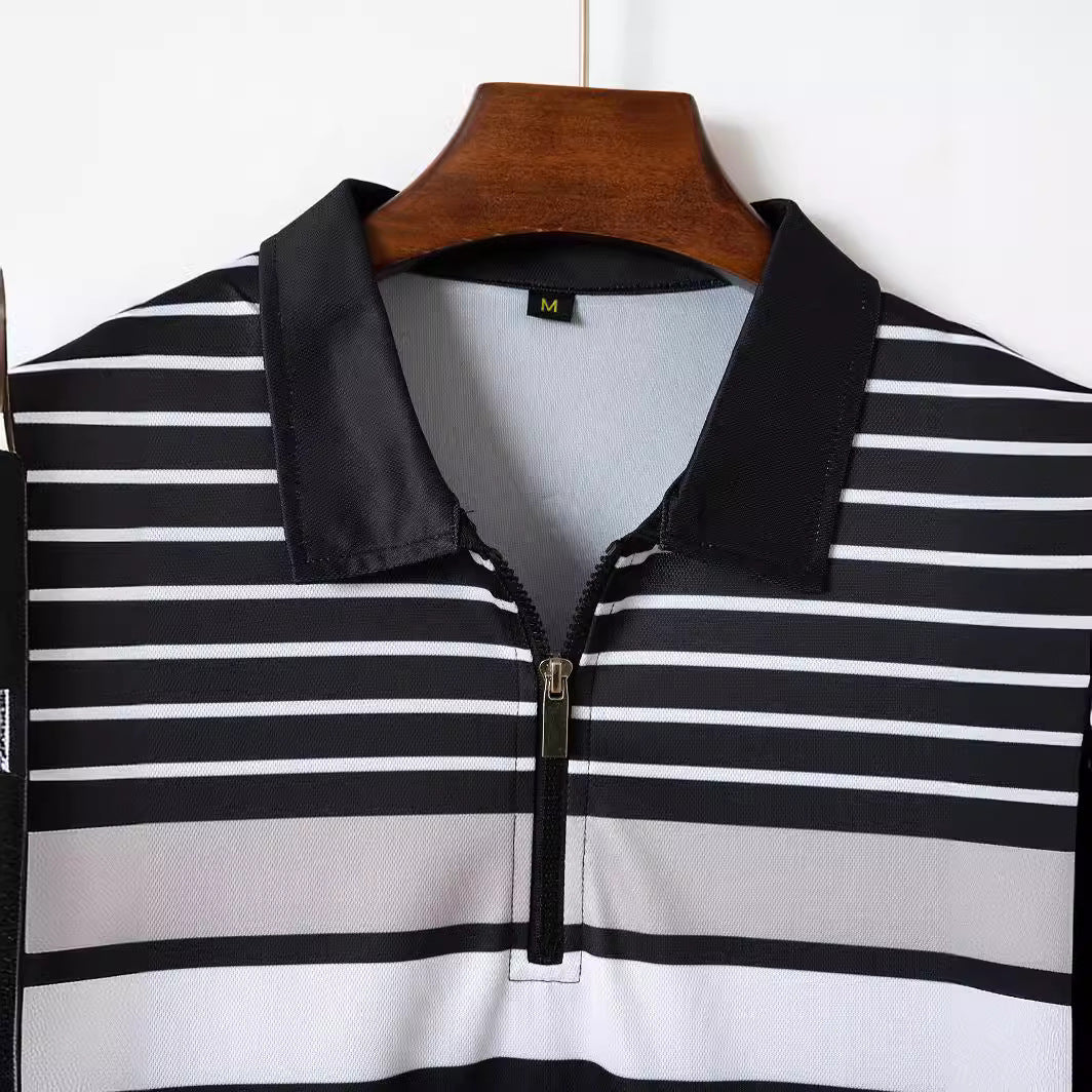 Business Striped Versatile T-shirt MenProduct information:
 
 Pattern: stripes
 
 Color: Black
 
 Size: S,M,L,XL,XXL,XXXL
 
 Version: Loose
 
 Main fabric composition: Polyester Fiber
 
 Sleeve length: sPoloZA-ZOLAZA-ZOLABusiness Striped Versatile