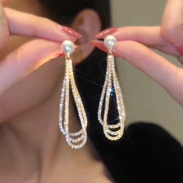 Drop-shaped Full Diamond Pearl Earrings Long Tassel Earrings - ZA-ZOLA