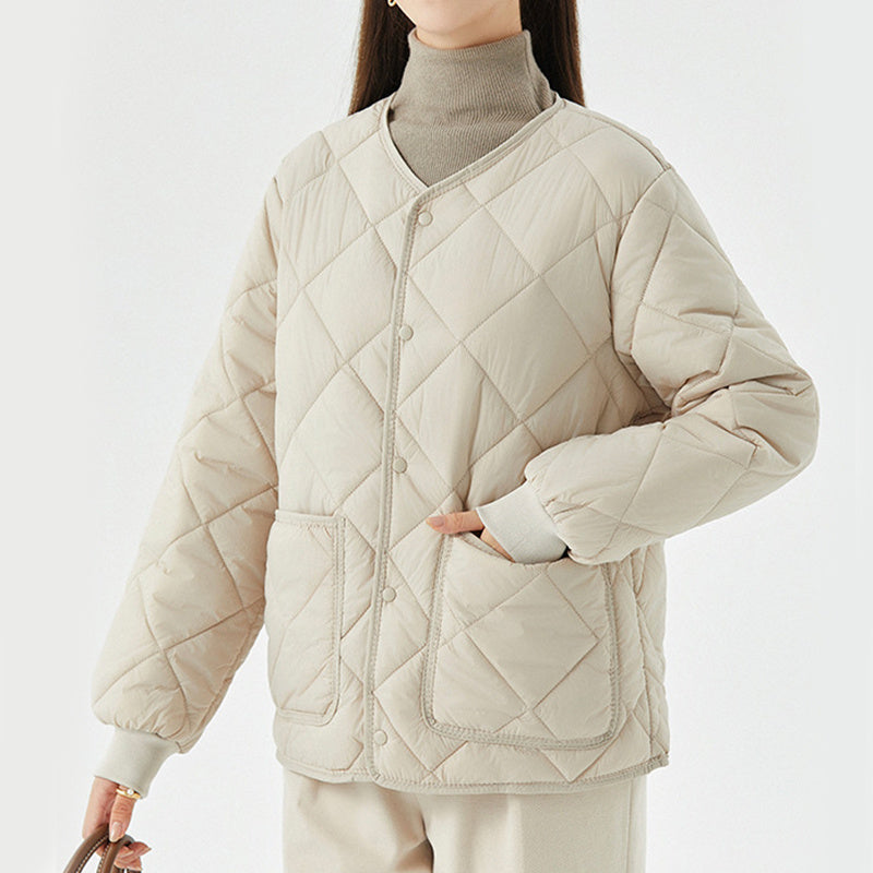 New Rhombus Sewing Cotton Coat – Winter Warm Round-Neck Jacket with Pockets for Women