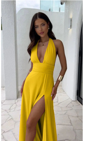 Sexy Halterneck V-Neck Slit Dress – Summer Backless Strappy Skirt for Women | Fashionable & Elegant UK & USA