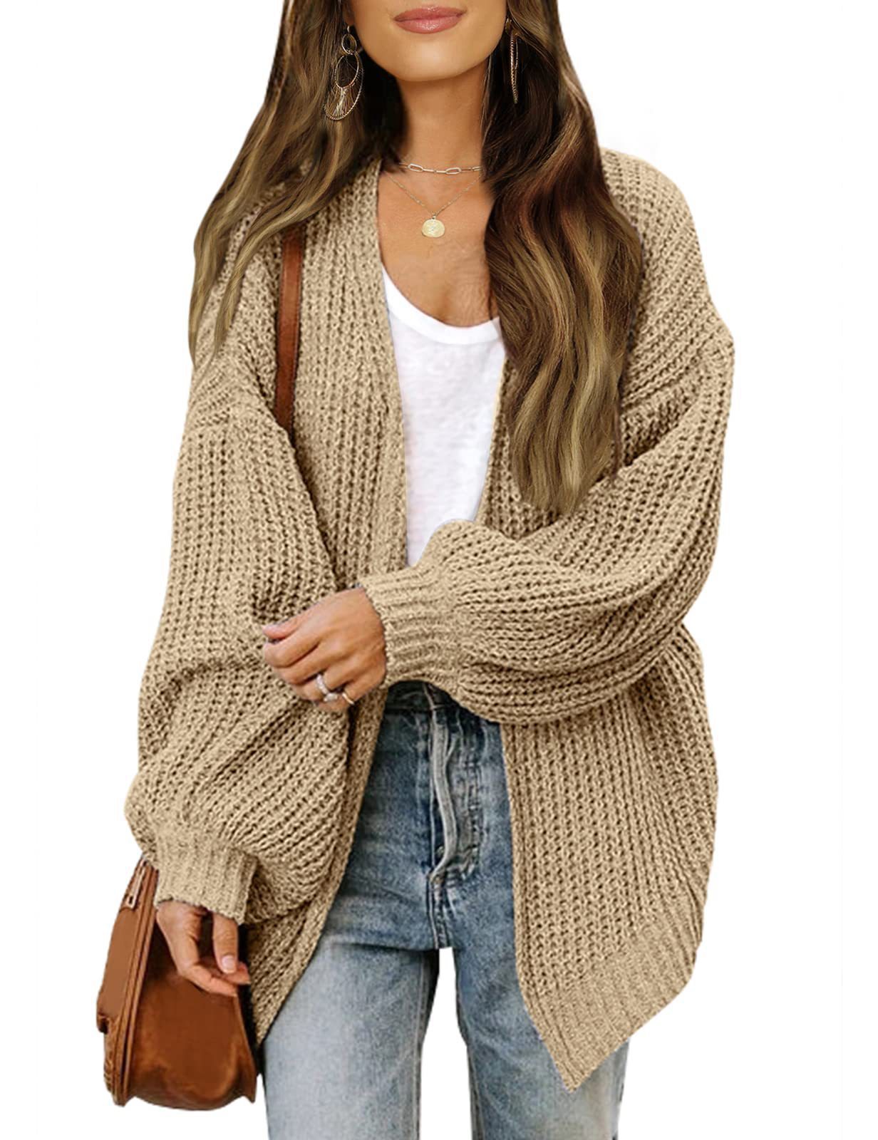 Fashion Lantern-Sleeved Sweater with Pockets – Casual Loose Knit Cardigan for Women