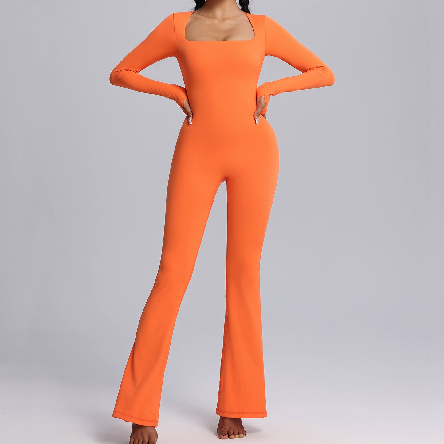 New Square Neck Long-Sleeved Jumpsuit – Yoga & Fitness Sports Bodysuit with Flared Pants for Women