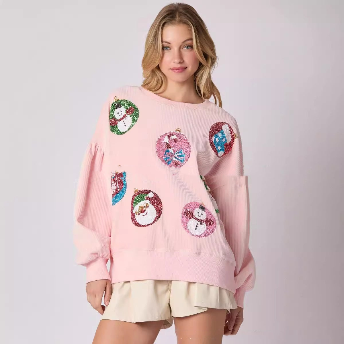 Women's Christmas Egg Sequined Long Sleeve Sweatshirt – Loose Festive Top - ZA-ZOLA