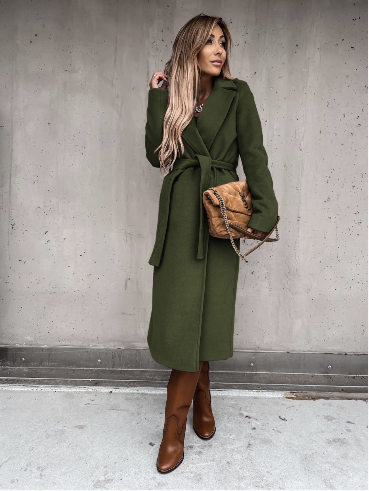 Woolen V-Neck Lace-Up Long Coat – Fashionable Women’s Wool Coat