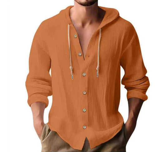 Cotton & Linen Hooded Long Sleeve Shirt – Comfortable Button-Up Sweater for Men - ZA-ZOLA