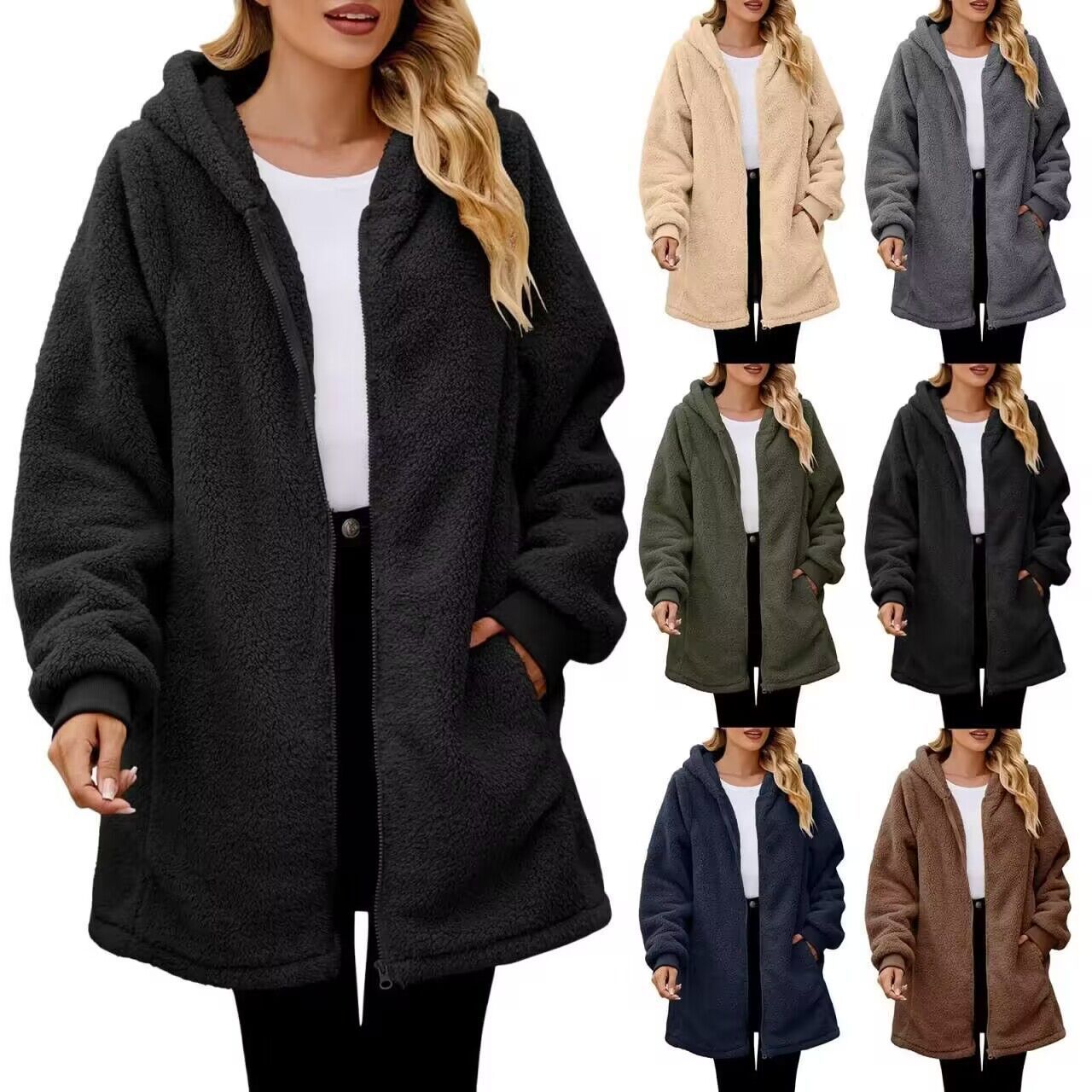 Loose Plush Women's Long Sleeve Hooded Zip Cardigan Coat – Cozy Winter Outerwear