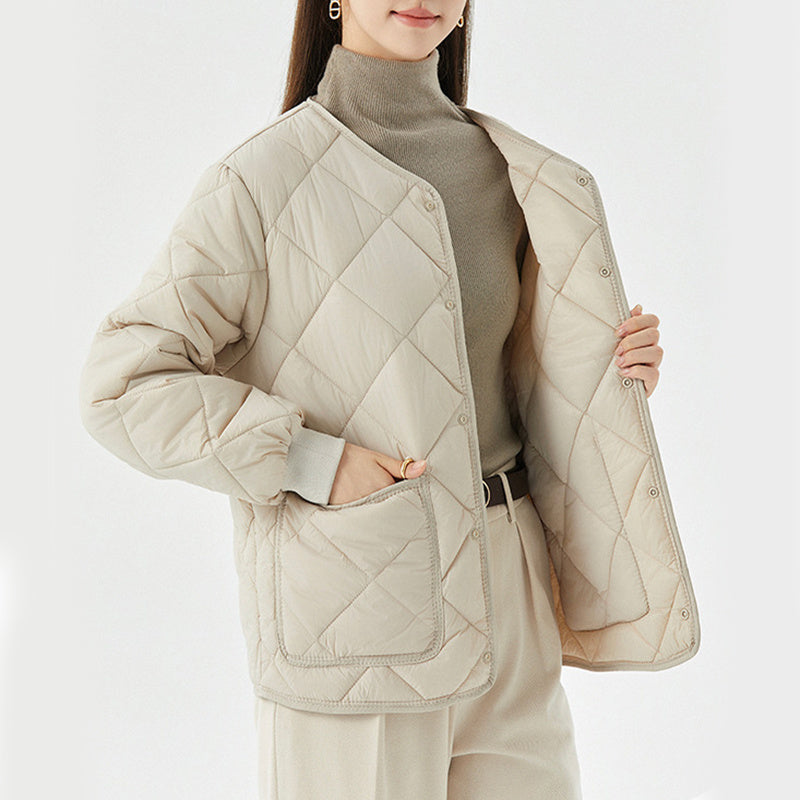 New Rhombus Sewing Cotton Coat – Winter Warm Round-Neck Jacket with Pockets for Women