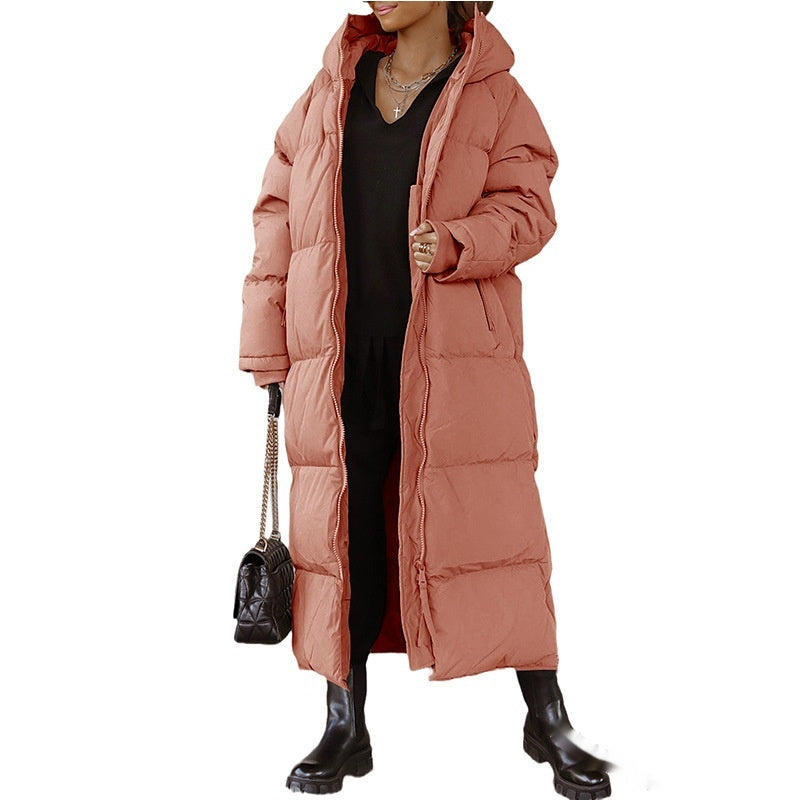 Hooded Solid Color Long Zip Coat – Casual Winter Outerwear for Women